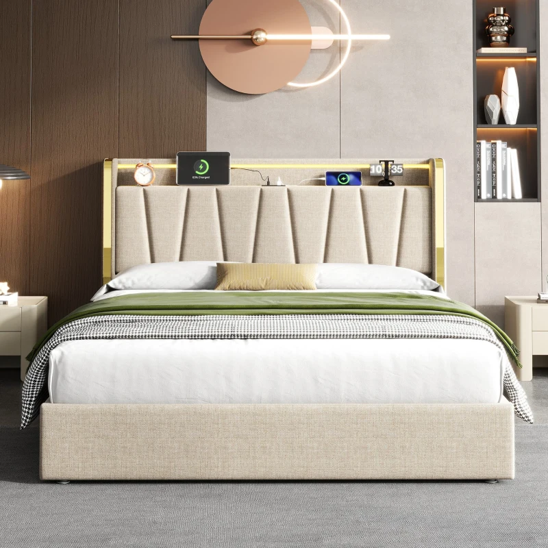 Double Upholstered Bed Frame with Hydraulic Storage, LED Headboard with USB and Type-C Charging Ports, 214L x 150W x 110H cm, Beige