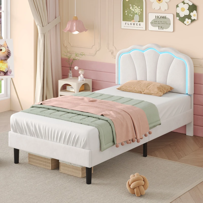 Single Upholstered Bed Frame with Adjustable Shell Headboard and RGB LED, Velvet Fabric and Solid Wood Slat, 194L x 94W x 111H cm, White