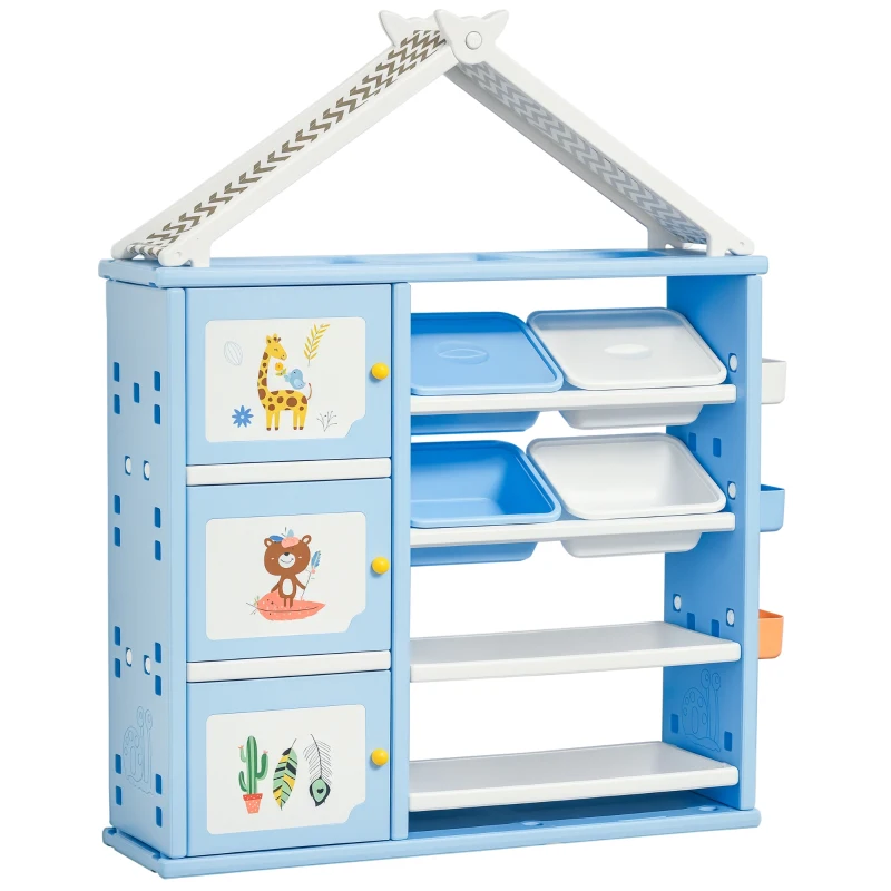 HOMCOM Estantería Infantil de Juguetes con Armario Estantes 4 Cajas y 3 Cestas Organizador de Almacenaje para Habitación de Niños Sala Juegos 128x34x155 cm Azul