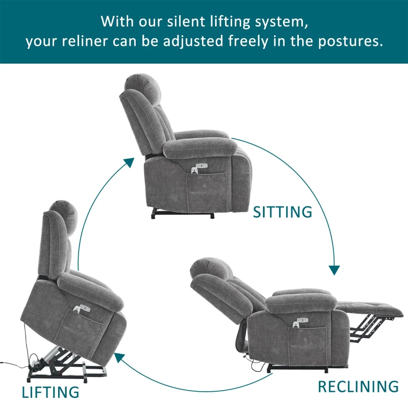 Electric Power Lift Recliner Chair with Massage and Heat, USB Ports and Storage Pocket, Easy Assembly and Support, 95L x 94W x 107H cm, Grey