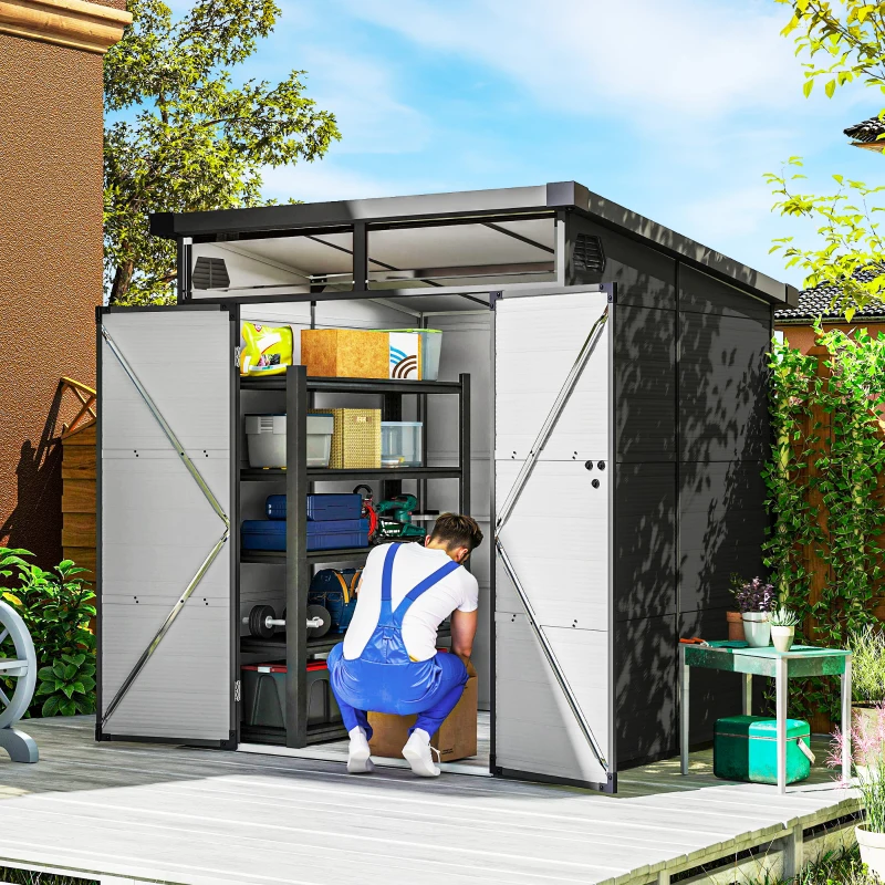 Outsunny Abri de Jardin 1,9 x 1,9 m en Plastique, Cabane à Outils avec Portes Verrouillables, 2 Ouvertures de Ventilation, Gris foncé