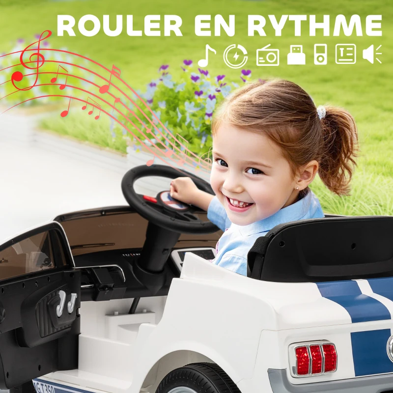 AIYAPLAY Voiture électrique 12V sous licence Ford Shelby GT 350 véhicule électrique télécommande télécommande 2,4G 3-6 ans blanc