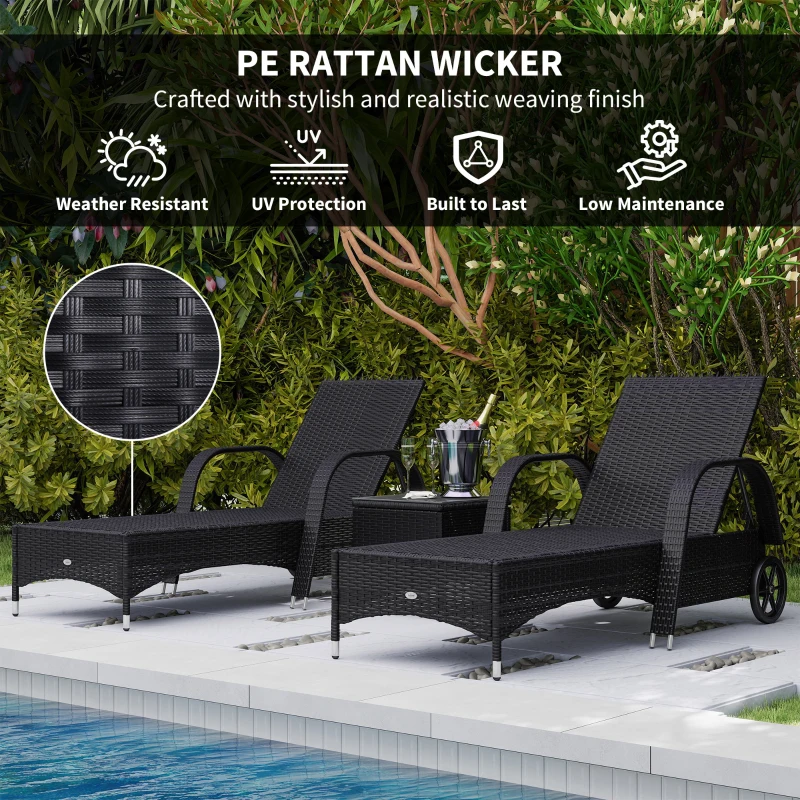 Outsunny 2 Seater Rattan Sun Lounger Set with Side Table Black