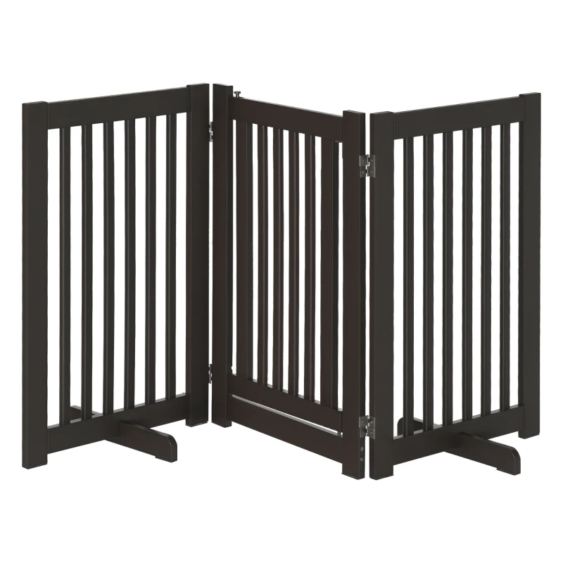 PawHut Barreira para Cães de Madeira Barreira para Animais de Estimação Dobrável de 3 Painéis com 1 Porta e Pés de Apoio 155x35,5x76 cm Marrom Escuro