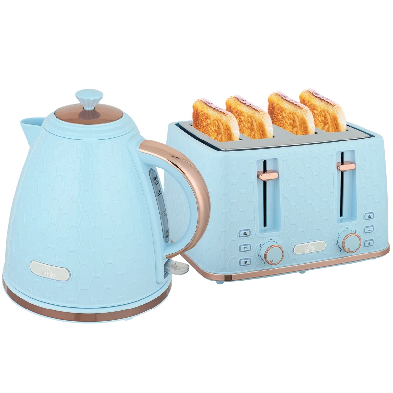 HOMCOM Kettle and Toaster Set, 1.7L 3000W Fast Boil Jug Kettle, 4 Slice Toaster with 7 Level Browning Controls, Light Blue