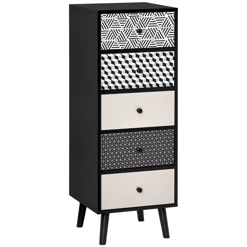 HOMCOM Mobile Cassettiera 5 Cassetti Fantasia Geometrica, Arredamento Moderno Camera e Ingresso, 40x40x111.5cm Nero Grigio
