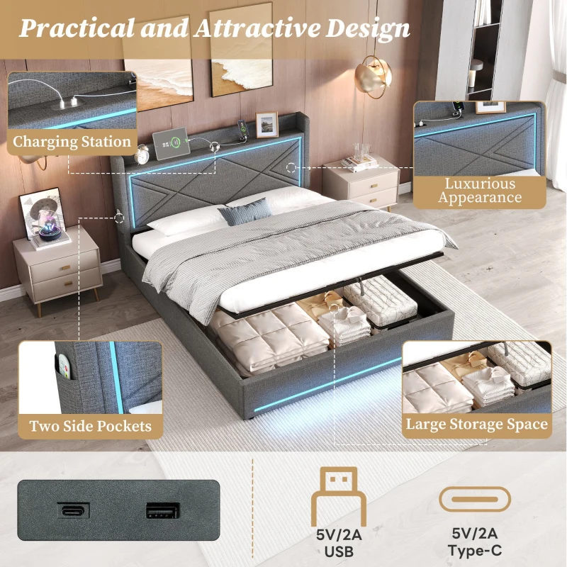 Double Upholstered Bed Frame with Hydraulic Storage, LED Lighting, USB and Type-C Charging Station, 210L x 141W x 110H cm, Grey