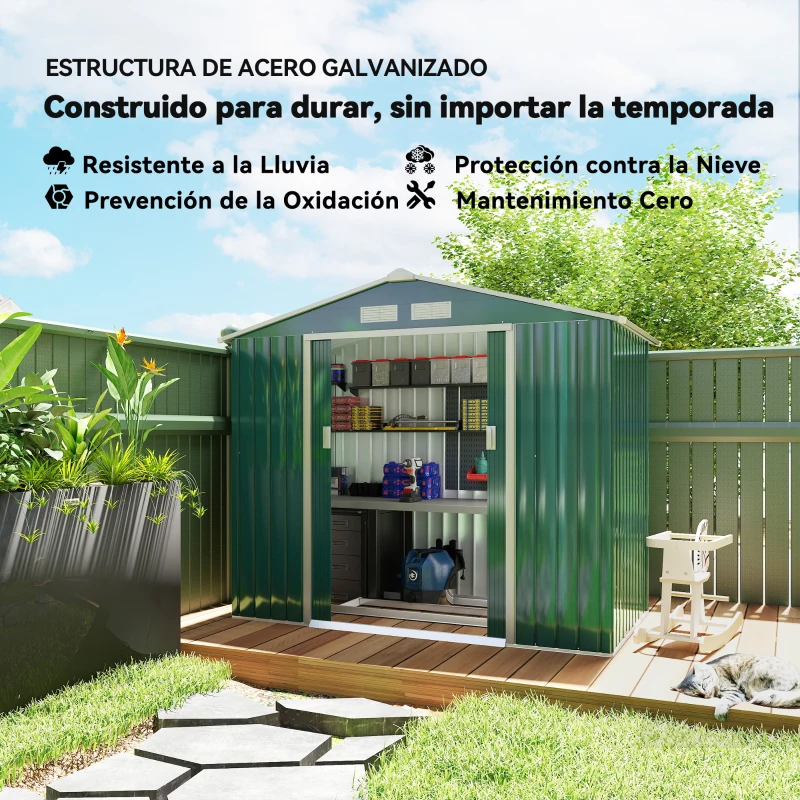 Outsunny Caseta de Jardín 213x130x185 cm Cobertizo Metálico de Exterior para Almacenamiento de Herramientas Verde Oscuro