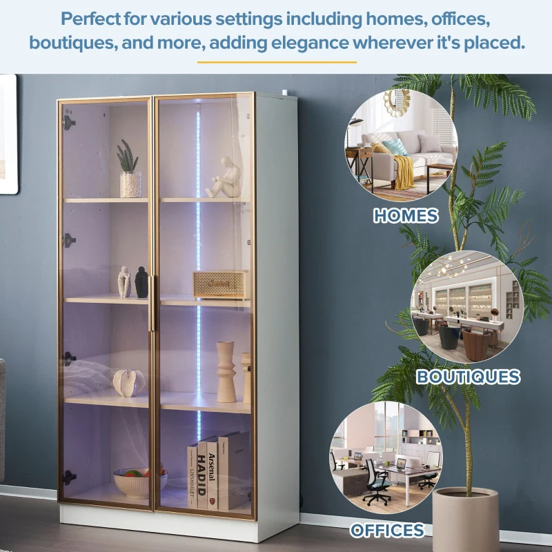 LED Display Cabinet with Tempered Glass Doors, Adjustable Shelves and Smart APP-Controlled RGB Lighting, 160L x 80W x 40H cm, White