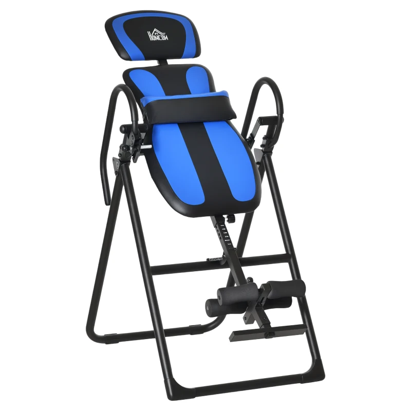 HOMCOM Inversionsbank klappbarer Schwerkrafttrainer mit zwei beweglichen Rädern eingestellt Rückenpolster Metall ABS Schwarz+Blau 132 x 71 x 145 cm