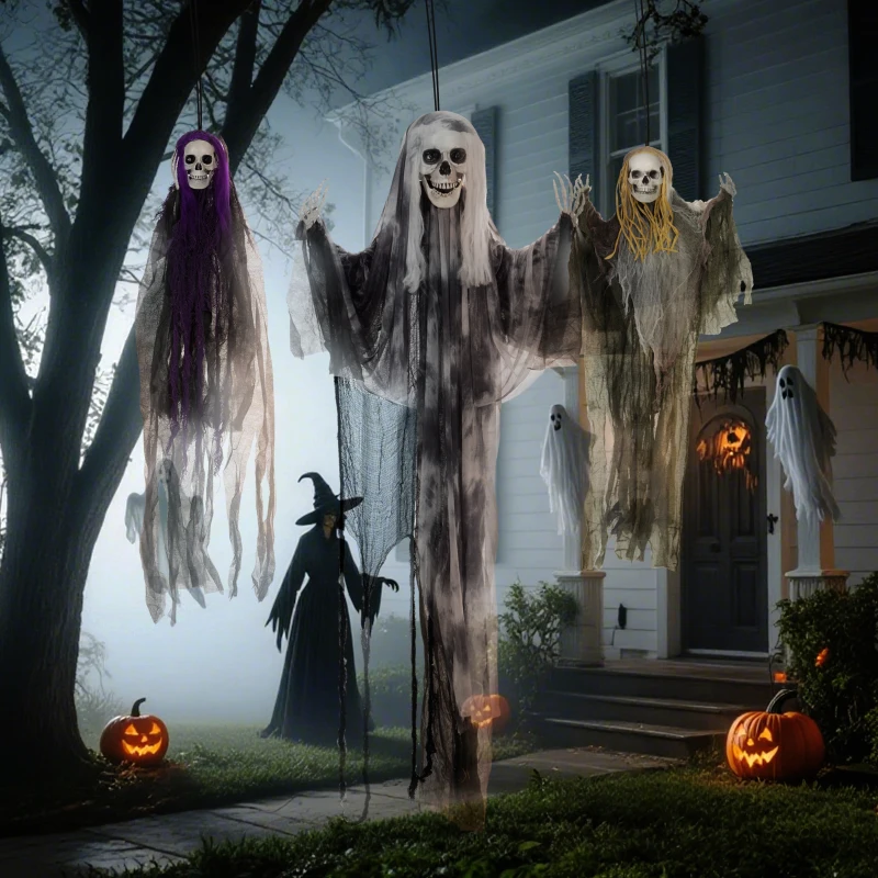 HOMCOM Hangende Skelet-Geesten, 3-delig, Halloween Decoratie, Verstelbare Armen, 90/110/200cm