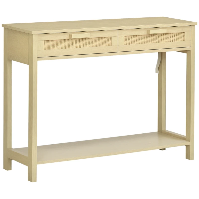 HOMCOM Console Table d'appoint dim. 100L x 30l x 76H cm 2 tiroirs façades cannage en rotin étagère MDF Aspect Bois Clair