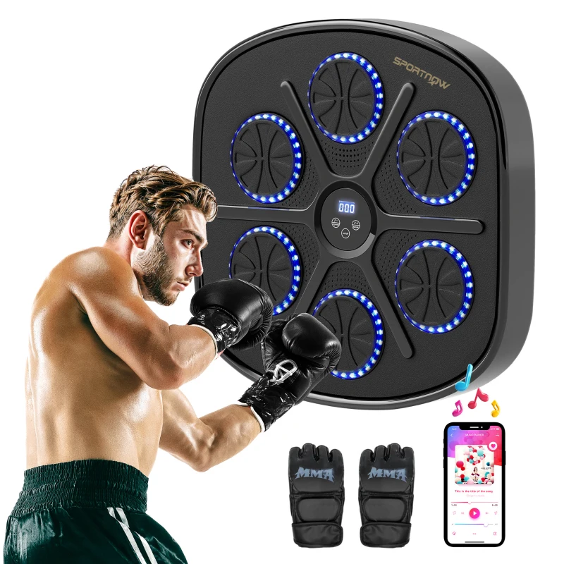 SPORTNOW Boxing Machine Musicale a Parete con 9 Velocità, Connessione Bluetooth e Guanti, 41.8x44.6x7.5 cm, Nero e Blu