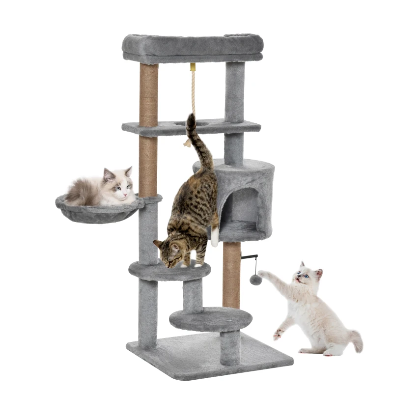 PawHut Árbol Rascador para Gatos Altura 120 cm Torre de Gatos con Plataformas Cueva Hamaca Postes de Yute 48x48x120 cm Gris
