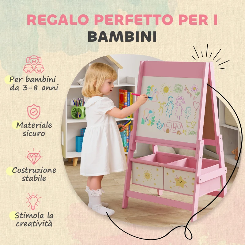 AIYAPLAY Lavagna per Bambini 3 in 1 con Cavalletto, Rotolo di Carta e 2 Cestelli, in Legno, 54x46x94 cm, Rosa