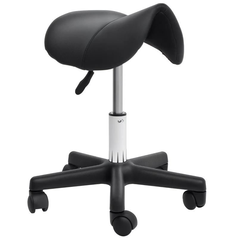 HOMCOM Scaun Rotativ cu Roți, Scaun pentru Coafor și Estetician cu Înălțime Ajustabilă, Tapițat cu Piele Ecologică, 35x38x43-55 cm, Negru