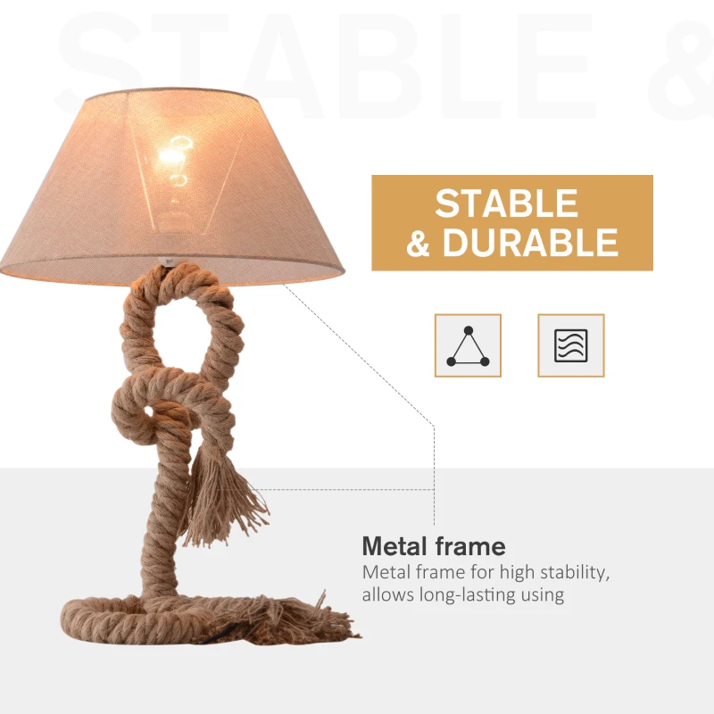 HOMCOM Table Lamp, Industrial Bedside Light Indispensable Nautical Twisted Rope Glow E27 for Bedroom, Living, Room Beige