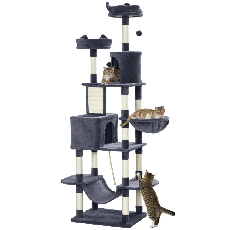PawHut Albero per Gatti 206 cm Torre per Gatti con Cuccia, 2 Palline Giocattolo, Pali in Sisal, Piattaforma per Gatti Grandi, Grigio Scuro