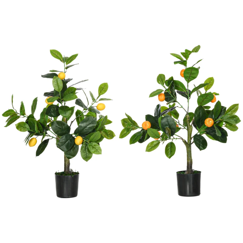 HOMCOM Juego de 2 Árboles Artificiales Decorativos Limonero y Naranjo de 60 cm Plantas Sintéticas para Decoración del Hogar