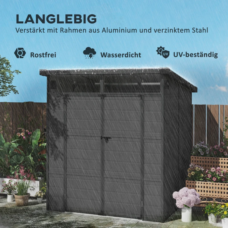 Outsunny 1,9 x 1,9 m Tuinhuis, Gereedschapsschuur van Kunststof, Afsluitbare Deuren, 2 Ventilatieopeningen, Donkergrijs(m-4)