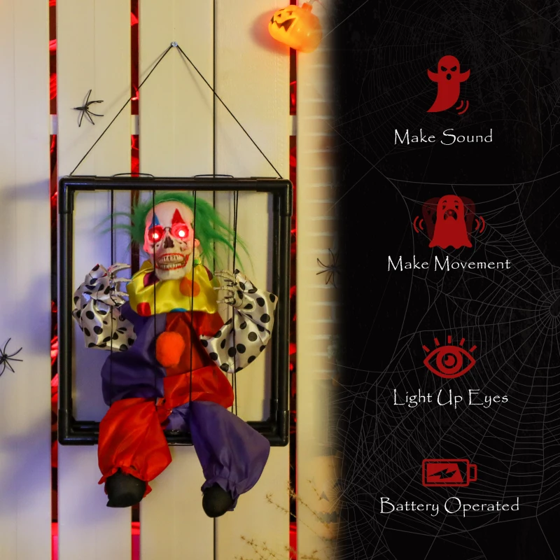 Outsunny Halloween Animated Hinging Clown in Cage with Glowing LED Eyes, Spooky Clown Scary Halloween Decorations, Battery Operated, Indoor Party Props