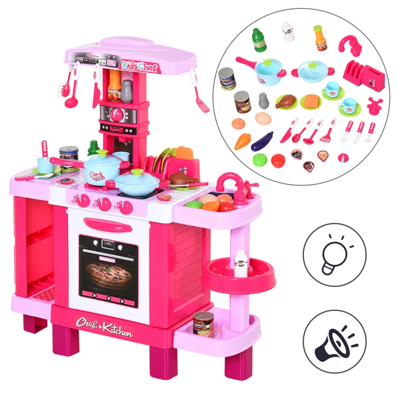 HOMCOM Cocina de Juguete para Niños Mayores de 3 Años con 38 Accesorios Luz Sonido Juegos de Rol Temprano Educativo 78x29x87 cm Rosa