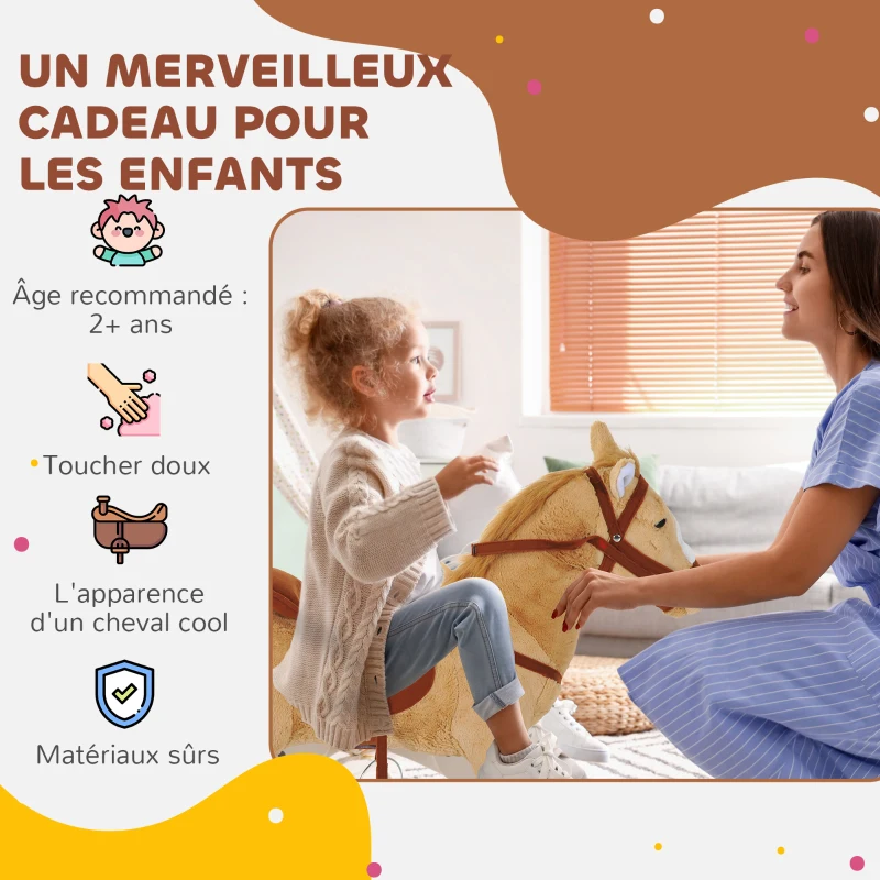 HOMCOM Cheval debout en peluche pour enfant à partir de 2 ans avec effets sonores selle et bride 85 cm (longueur) beige(m-7)