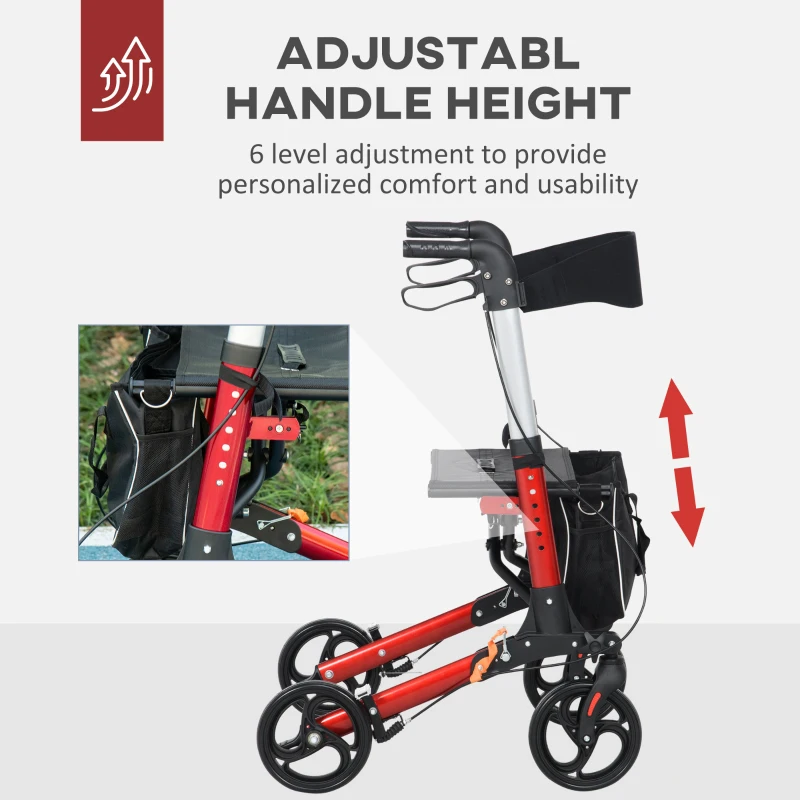 HOMCOM Folding Rollator Walker with Seat and Back, Lightweight Walking Frame with Removable Storage Bag, Dual Brakes, Adjustable Handle, 4 Wheeled Walker for Elderly, Handicapped, Red(m-4)