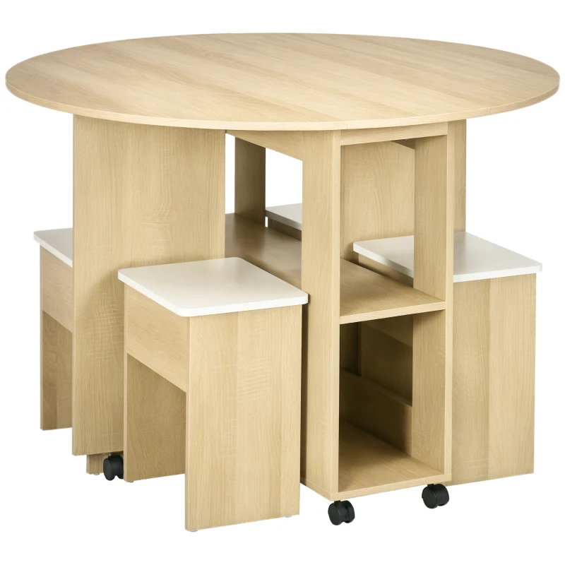 HOMCOM Set Masa Dining pentru 4 Persoane, Masa cu Extensie Plianta cu Rotile si 4 Scaune