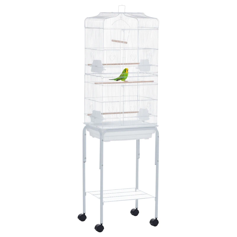 PawHut Bird Cage Budgie Cages for Finch Canary Parakeet with Stand Wheels Slide-out Tray Accessories Storage Shelf, White 46.5 x 36 x 157 cm