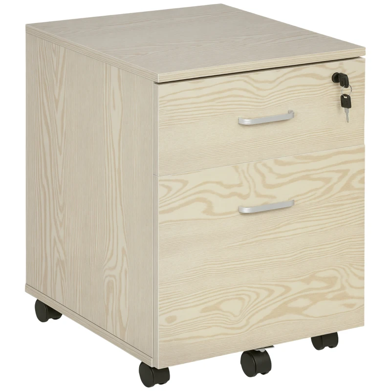 Vinsetto Rollcontainer Aktenschrank Bürocontainer mit 2 Schubladen mobil abschließbar Büroschrank Aufbewahrung Container 5 Universalräder Spanplatte Natur 40 x 45 x 55,6 cm
