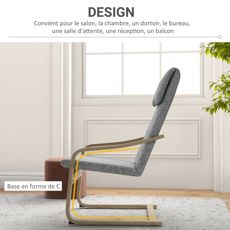 HOMCOM Fauteuil de salon, fauteuil chambre avec accoudoirs incurvés, coussin, tissu aspect lin, 65 x 79 x 98 cm, gris