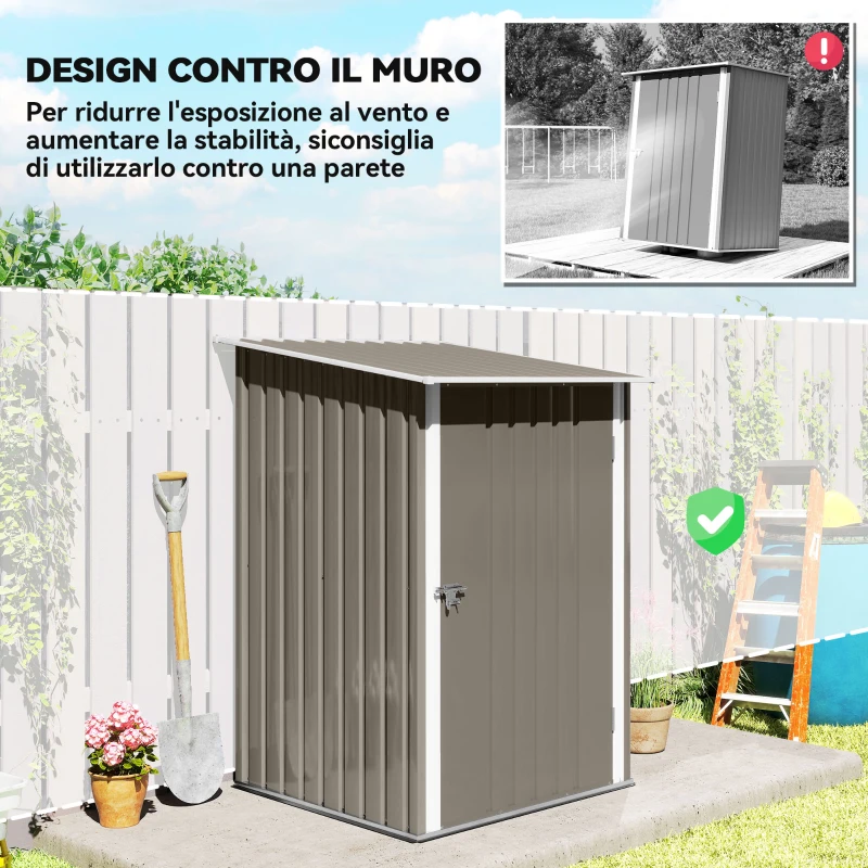 Outsunny Casetta Porta Attrezzi 0.92m² in Acciaio Zincato con Tetto Inclinato e Serratura, 100x103x160 cm, Marrone