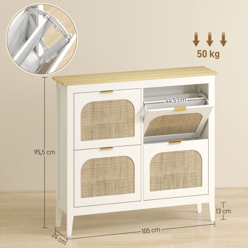 HOMCOM Schmaler Schuhschrank mit 4 Rattantüren und verstellbaren Regalen für 20 Paare Schuhe 105x24x95,5 cm Weiß