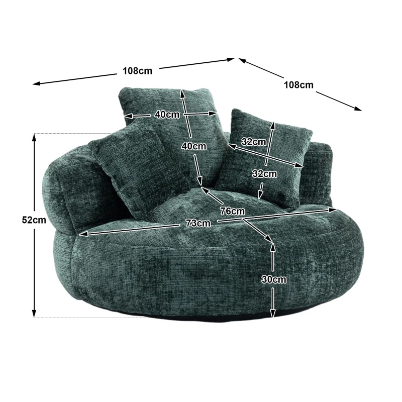 Lazy Sofa Bean Bag Chair with Memory Foam Filling, High Back and Three Pillows, Indoor and Outdoor Use, 108L x 108W x 52H cm, Green