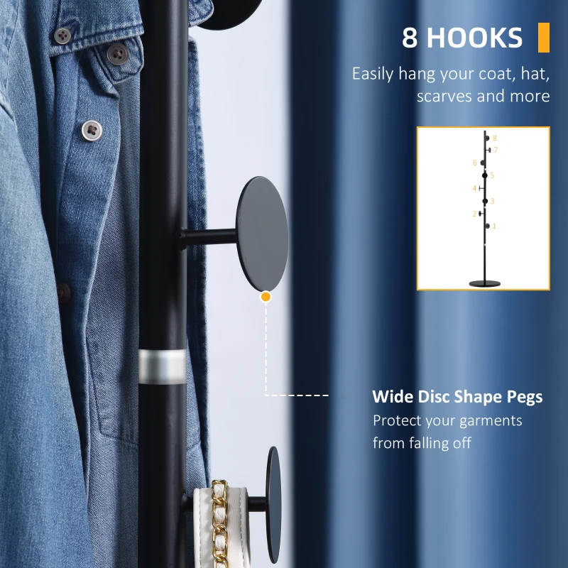 HOMCOM Coat Rack, Free Standing Hat Stand with 8 Hooks for Clothes, Hats, Steel Coat Stand with Marble Base for Entryway, Bedroom, Black