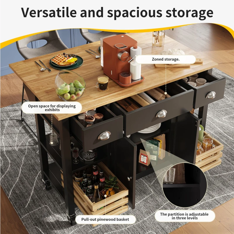 Rolling Kitchen Island Trolley with Adjustable Shelf, Spice Rack and 3 Drawers, Smooth-Rolling Casters for mobility, 120L x 45W x 90H cm, Black