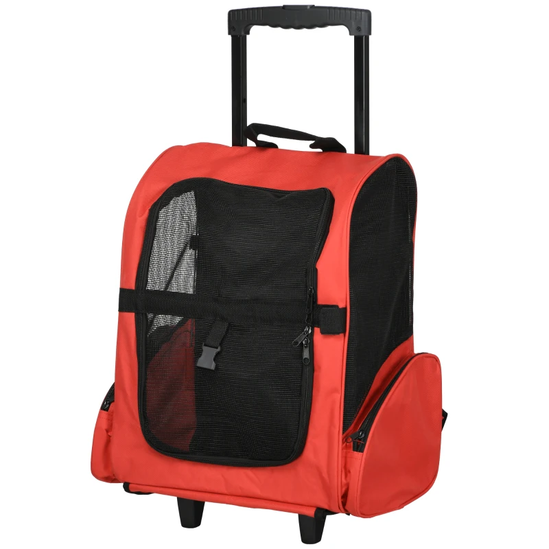 PawHut Pet Travel Backpack Bag Cat Puppy Dog Carrier w/ Trolley and Telescopic Handle Portable Stroller Wheel Luggage Bag (Red)