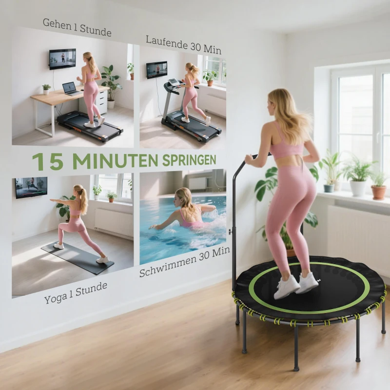 SPORTNOW Fitness-Trampolin met verstelbare leuning, Sport-Trampoline voor binnen en buiten, Staal, Kunststof, Groen