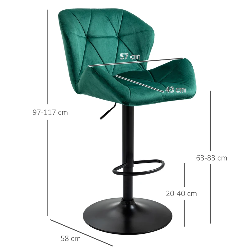 IE Located HOMCOM Velvet-Touch Bar Stools Set of 2 Fabric Adjustable Height Armless Counter Chairs with Swivel Seat, Green