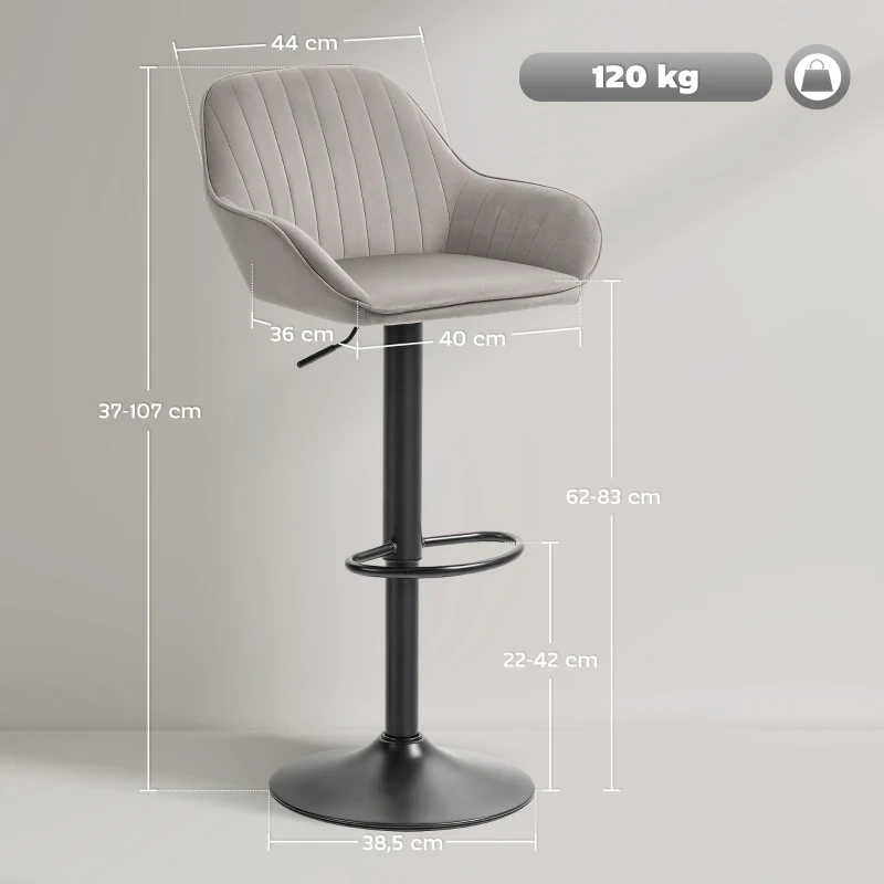 HOMCOM Lote de 2 taburetes de bar, sillas de bar de terciopelo con respaldo, reposapiés, altura ajustable y giratorias gris