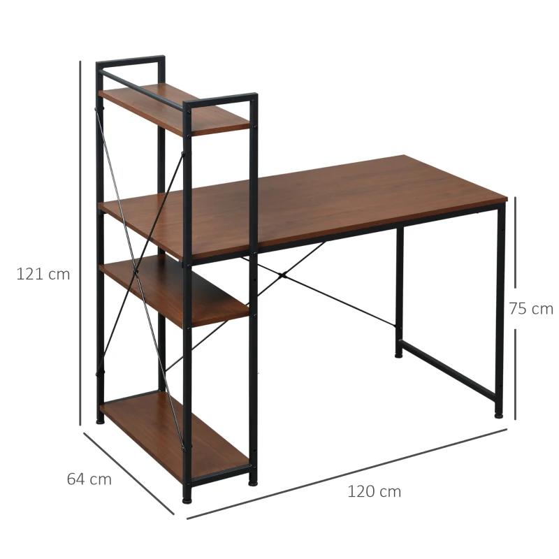 HOMCOM Computer Desk with Storage Shelves, Industrial Writing Table, Study Workstation for Home Office with Metal Frame, Walnut and Black(m-3)