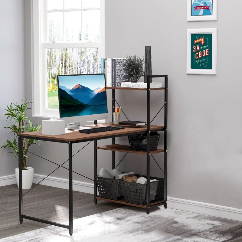 HOMCOM Bureau d'angle avec rangement design Industriel avec bibliothèque 3 étagères panneaux particules aspect noyer métal noir