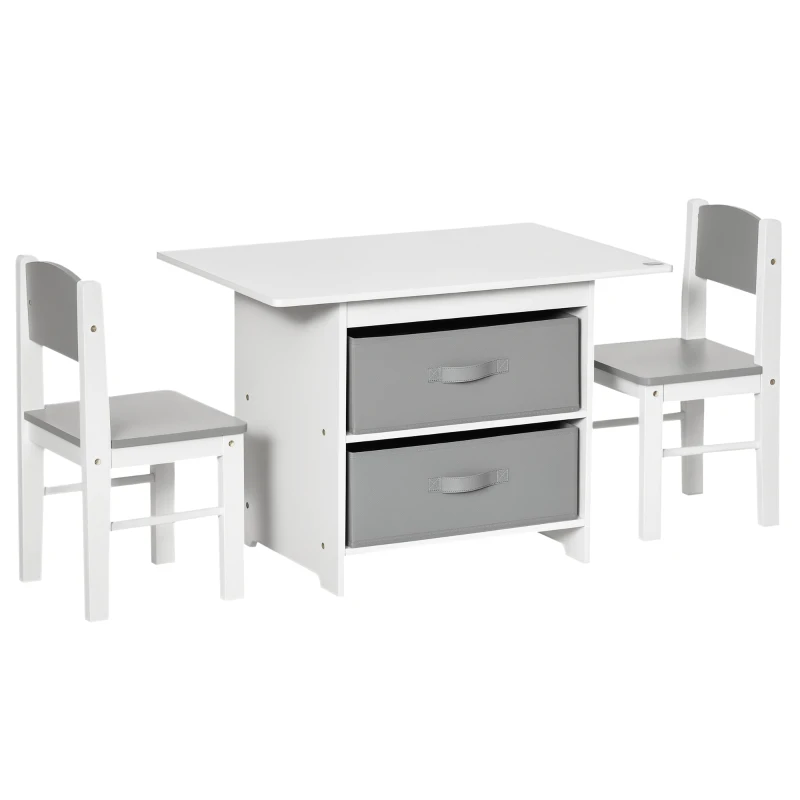 HOMCOM 3-tlg. Kindertischgruppe Kindertisch mit Stauraum Kindermöbel Set aus Holz mit 2 Aufbewahrungskörben Sitzgruppe für Kleinkind Mädchen Junge Vliesstoff Weiß+Grau 71 x 48 x 49 cm