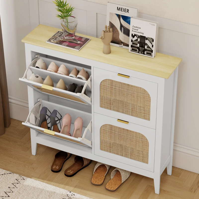 HOMCOM Mobile Scarpiera per 20 Paia di Scarpe con 4 Cassetti Ribaltabili in Legno e Rattan, 105x24x95,5 cm, Bianco