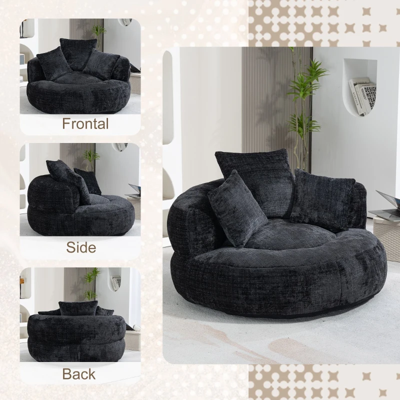 Lazy Sofa Bean Bag Chair with Memory Foam Filling and Chenille Fabric, High Back Design with Three Pillows, 108L x 108W x 52H cm, Black