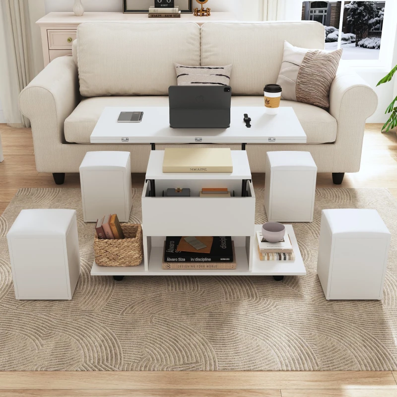 Lift-Up Coffee Table with Hydraulic Mechanism, Hidden Storage and Adjustable Height, 100L x 50W x 48H cm, White