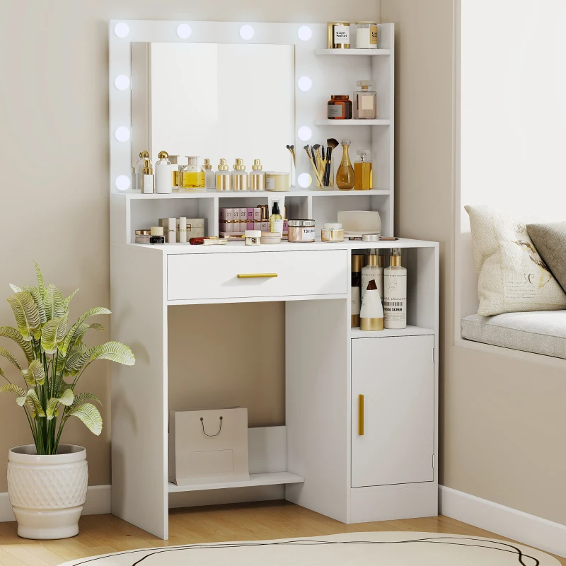 HOMCOM Coiffeuse avec miroir et 10 lumières LED, luminosité réglable, tiroir, placard et étagères ouvertes, 80x40x135cm, blanc