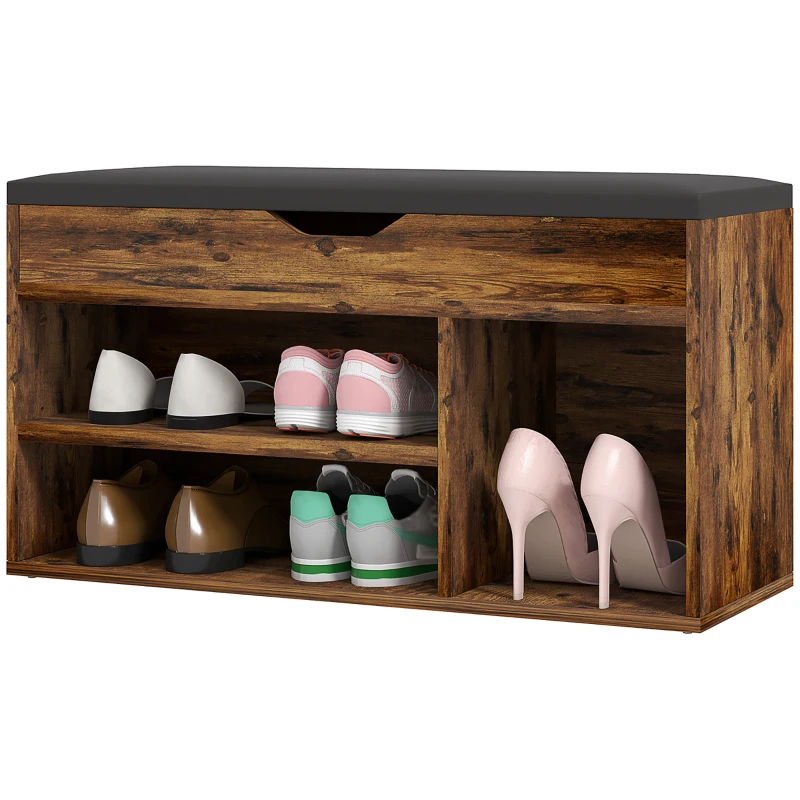 HOMCOM Meuble Chaussures Banc à Chaussures 2 Niveaux Rangement, Niche + Coffre intégré avec Coussin Effet bois d'acajou