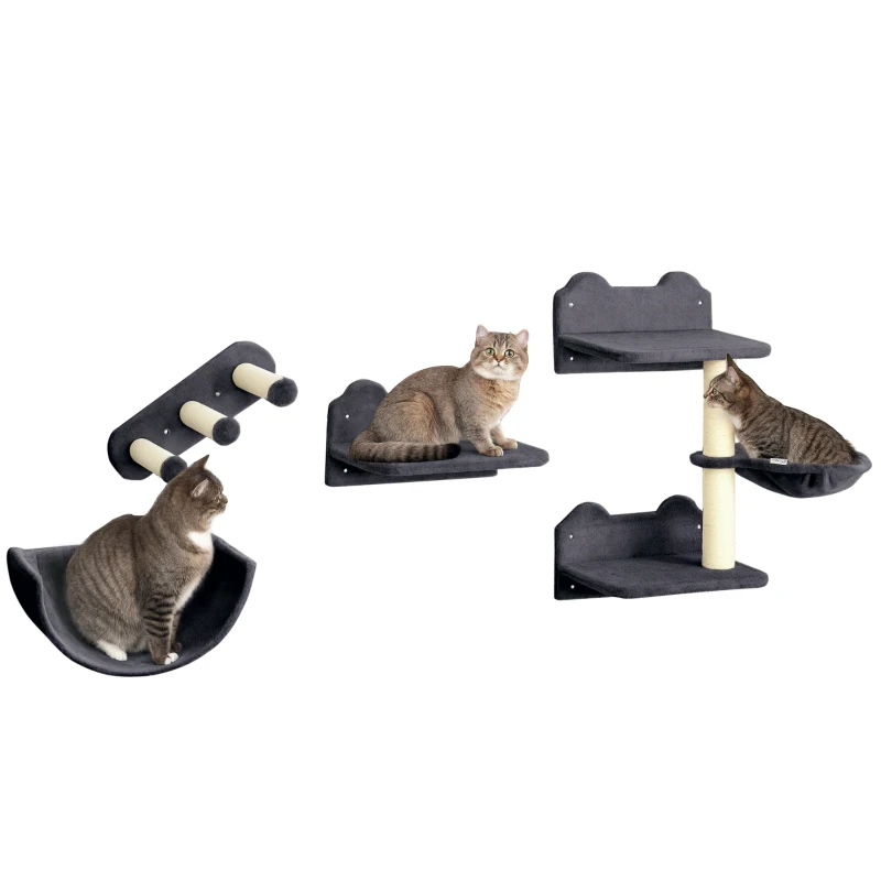 PawHut Prateleiras de Parede para Gatos 4 Peças com Rede Plataforma Semicircular Plataformas de Salto e Poste de Sisal Cinza